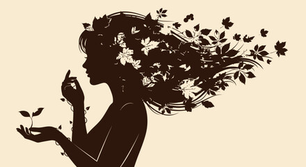 Female silhouette with leaf hair and hands nurturing a small sprout.