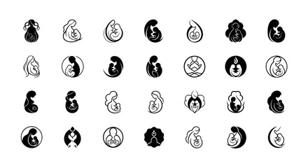 Mother and baby care silhouette icon collection, maternal love