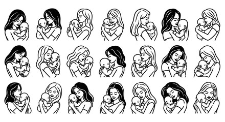 Mother and baby simple line art illustration collection on white background.