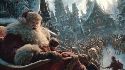 A captivating image of Santa Claus preparing his sleigh in the North Pole, surrounded by bustling elves, 8k, realistic, full ultra HD, high resolution, cinematic photography