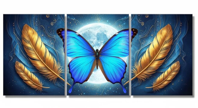 Stunning triptych art featuring a blue butterfly with golden feathers against a moonlit backdrop
