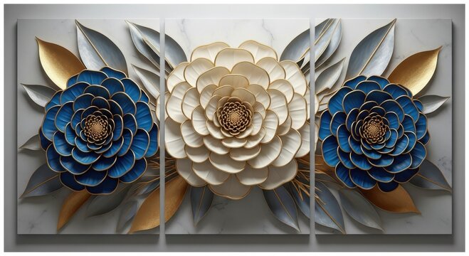 Elegant triptych art featuring blue and white flowers with golden leaves