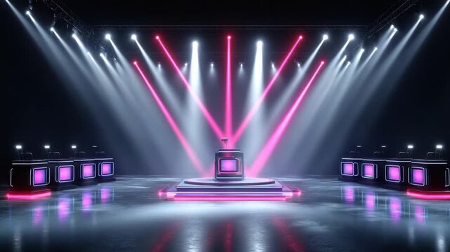Lit stage setup for a game show, featuring podium, player stations, with dramatic lighting and a dark background