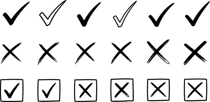 Vector Illustration of Hand-Drawn Check Marks and Crosses Set. Grunge Tick & X Icons for Lists, Success, Error.