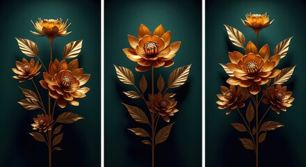 A trio of golden floral arrangements against a dark teal backdrop, exuding elegance and sophistication
