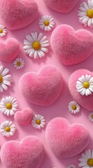Obraz premium 3D fluffy pink heart and daisy flower pattern on vertical pink background for valentine's day cute fashion wallpaper and greeting card
