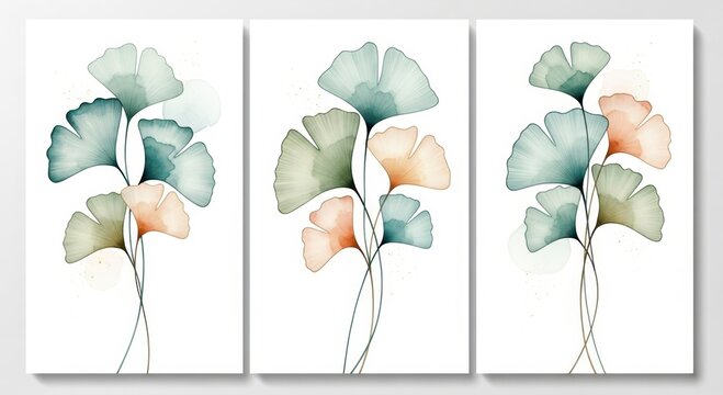 Watercolor ginkgo leaves in soft pastel hues, a serene botanical triptych