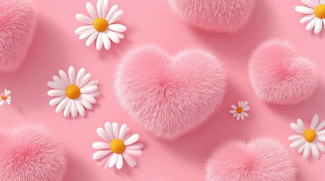 3D fluffy pink hearts and daisy flower seamless pattern on pink background for valentine's day web banner and cosmetic advertising