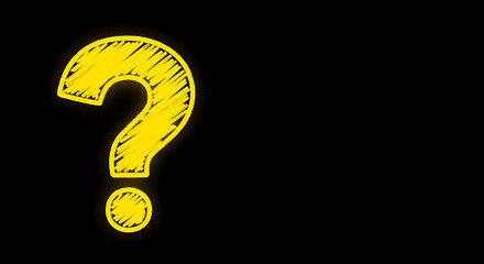 Glowing yellow chalk-drawn question mark with sketchy lines on a stark black background, bold glow.!