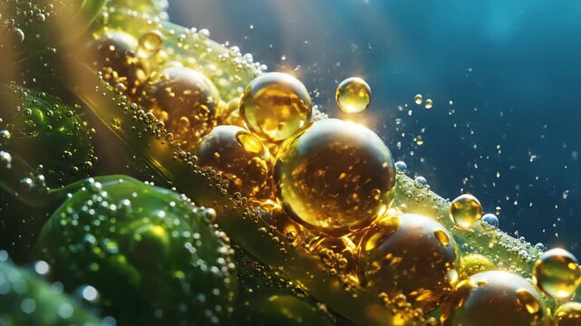 Algae shimmering under sunlight, molecular structures inside glowing as lipids transform into golden droplets of biofuel