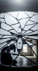 Close-up of a shattered glass clock with visible cracks and a blurred background, highlighting the fragility and intricate details of broken glass