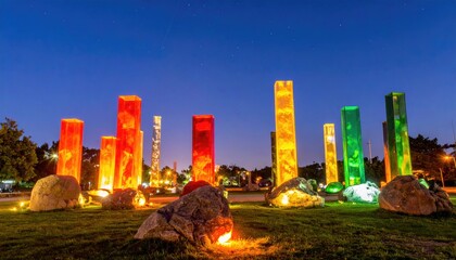 Glowing pillars amidst rocky setting
