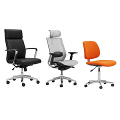 Three modern ergonomic office chairs displayed together featuring different styles and colors for business use transparent background