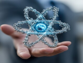A hand cradling a glowing atom against a blurred business background, with an energy symbol signifying disruptive power technology. Conceptual image symbolizing strategic innovation, industry transfor