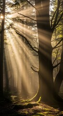 Sunlight filtering through the dense foliage of a forest, creating dramatic rays and illuminating the natural landscape with a warm glow