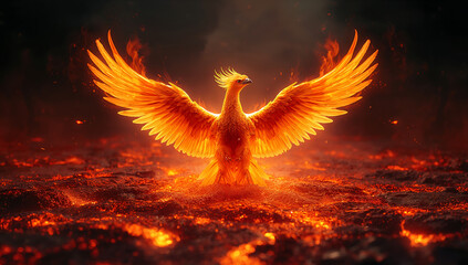 Mythical phoenix with fiery wings spreads its glory over a molten lava field, symbolizing rebirth and power