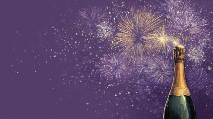 Wallpaper Poster Banner of Festive Celebration Fireworks and Champagne Bottle Illustration, Sparkle Bubble Joy for Happy Party Drink with Bright Light for Modern Creative Graphic Decor Projects