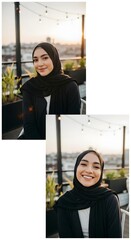 A young woman wearing a hijab smiling happily on a rooftop terrace during sunset with string lights overhead and a cityscape in the background