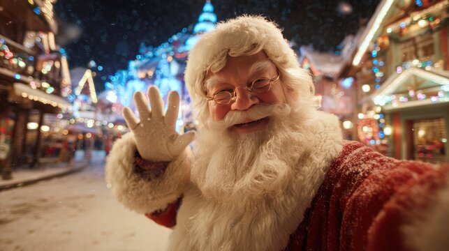 A cheerful Santa Claus waving to children in a festive village square, decorated with Christmas lights, 8k, realistic, full ultra HD, high resolution, cinematic photography