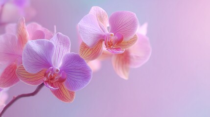 Obraz premium Elegant Pink Purple Orchid Flowers on Soft Pastel Background, Botanical Floral Design for Wallpaper, Poster, Banner and Creative Graphic Decor Projects