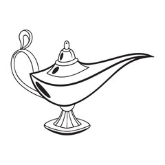 Aladdin's ancient magic genie lamp line art cartoon drawing illustration Vector