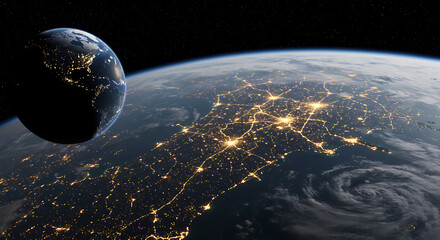 Earth from space at night, night-lit continents form luminous networks across a curved horizon glow