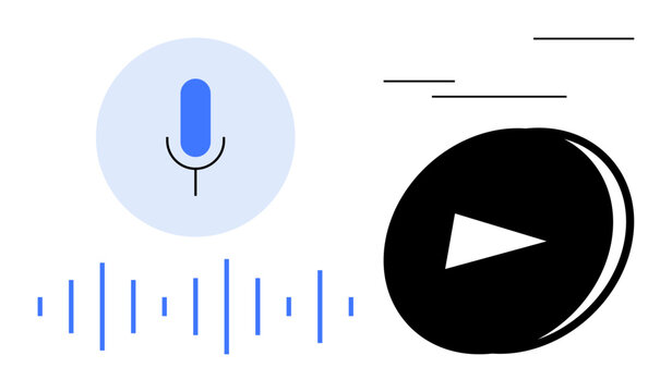 Microphone, sound waves, and play button symbolize audio recording, playback, speech recognition, and communication. Ideal for technology, podcasting, media communication education music voice