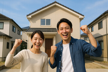 マイホーム取得の達成感を表すカップルのハッピーショット