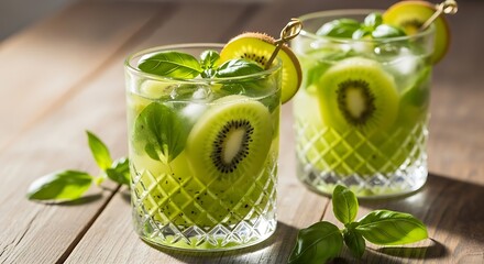 Refreshing Kiwi and Basil Infused Water in Elegant Glasses on Wooden Table.