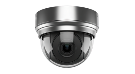 Close Up Studio Shot Of A Silver Dome Surveillance Security Camera With A Black Lens Against A Transparent Background