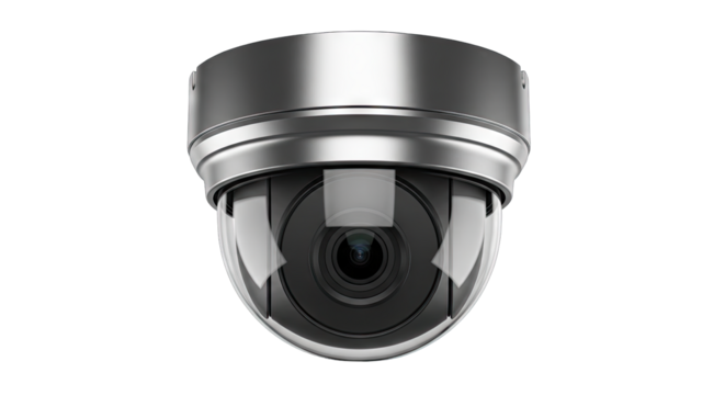 Close Up Studio Shot Of A Silver Dome Surveillance Security Camera With A Black Lens Against A Transparent Background