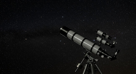 Large telescope on a tripod peers into a starry night, with a second scope beside it. and dim stars