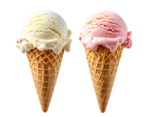 Two scoops of ice cream, one vanilla, one strawberry, on cones