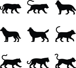 Animal silhouette grid, feline and canine poses, black vector design, crouching and standing profiles, motion study, isolated graphic asset