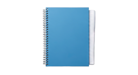 Closed blue spiral bound notebook with white lined paper peeking out from the side isolated on a black background