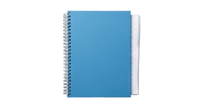 Closed blue spiral bound notebook with white lined paper peeking out from the side isolated on a black background