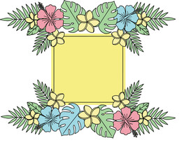 Tropical floral frame, summer leaves, exotic flowers, square yellow center, decorative border, monstera foliage, palm greenery, vibrant nature, botanical design, invitation template