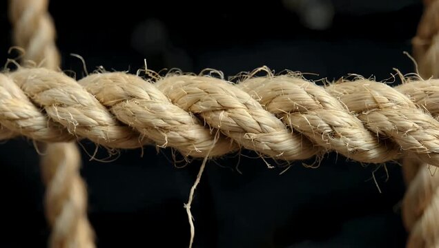 Technical 4K close up side view of a heavy duty jute or hemp rope that is noticeably frayed with individual fibers unraveling intensely emphasizing the impending breaking tension under strain as it