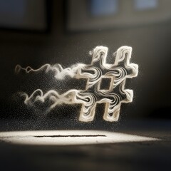 A creative depiction of a hashtag symbol made from layered sugar or flour dusted with powder, creating a dynamic and artistic visual effect in a dark setting