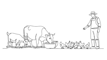 Artboard 1High-Quality Black Continuous Line Art of Farmer Feeding Cows, Goats, and Chickens, Daily Livestock Management, Farm Animal Care Illustration