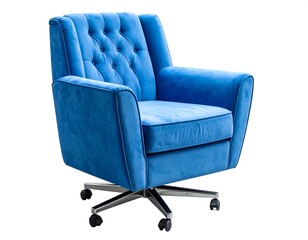 Plush, button-tufted blue armchair, swiveling on silver caster wheels