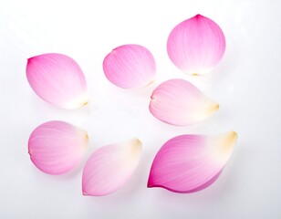 Scattered close-up of delicate pink lotus petals on white background