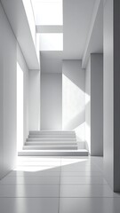 Fototapeta premium Modern, sunlit interior hallway with stairs. Pure white minimalist design
