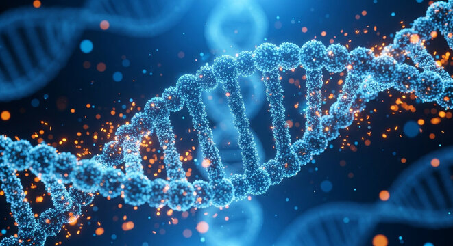 Detailed 3D render of a blue DNA helix intertwined with orange particles against a dark backdrop, symbolizing scientific and technological advancement in genetics and medicine.
