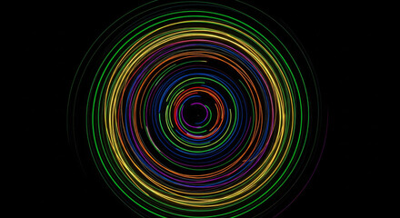 An abstract background featuring concentric circles in a vibrant array of colors including blue, yellow, and green against a dark backdrop. Circular pattern creates depth and visual interest.