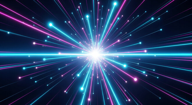 An abstract cosmic burst features pink and blue glowing light trails emanating from a central point, set against a black backdrop, creating a futuristic and energetic visual.