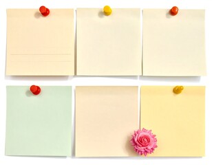 Six colorful sticky notes pinned to a white surface, one with a flower