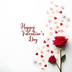 A delicate Valentine's Day image, wish, or greeting card, A minimalistic Valentine's Day scene featuring two red roses on a white background, accompanied by scattered pink and red heart confetti. 
