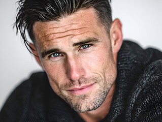 Obraz premium Handsome man with a confident expression poses for a close up portrait in a studio with soft lighting showcasing his blue eyes and dark hair.