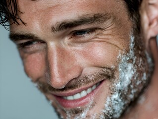 Fototapeta premium Close up of handsome unshaven man with white shaving cream partially cove his beard and smiling looking down while standing indoors.